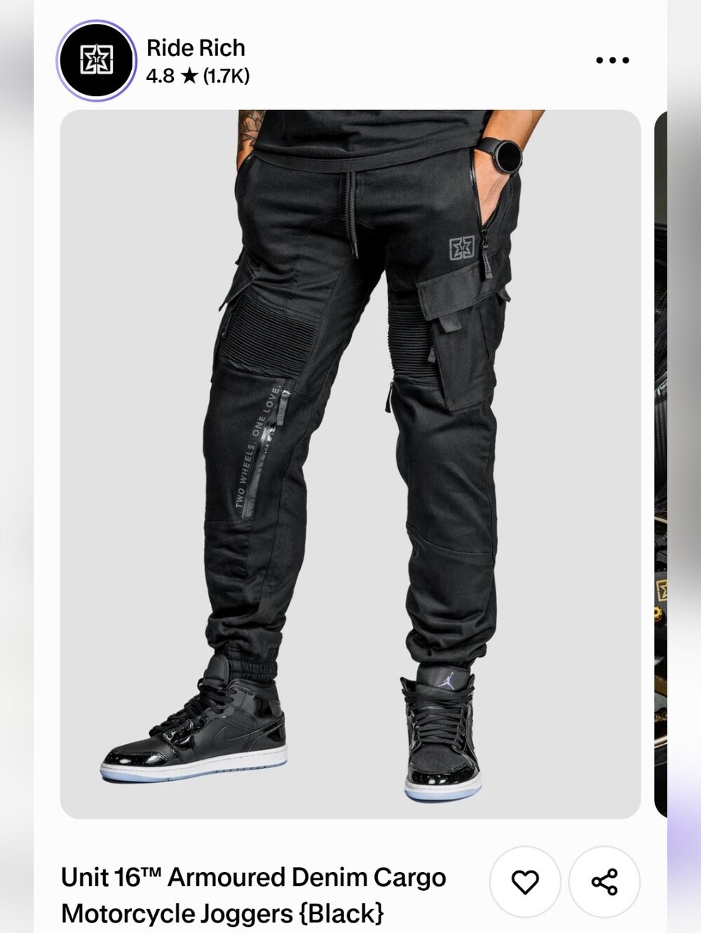 Ride RICH Armoured Denim Cargo Motorcycle Joggers - Black